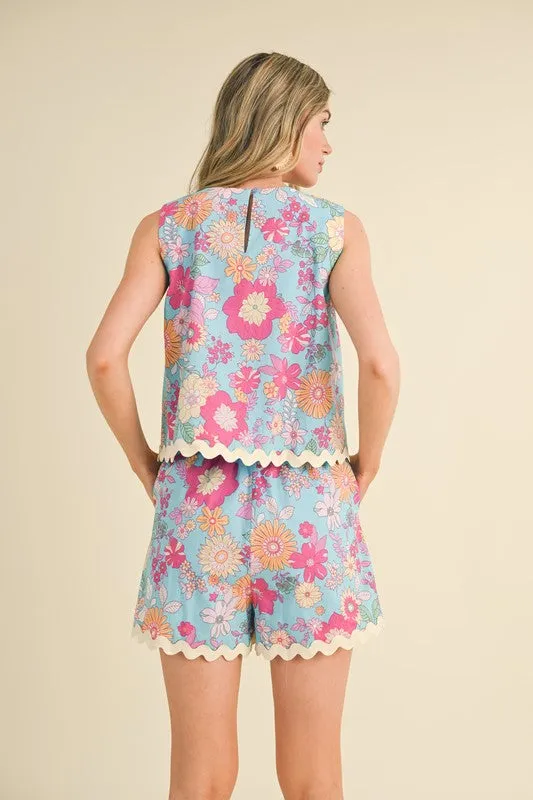 Floral Print Ric Rac Trim Two Piece Set