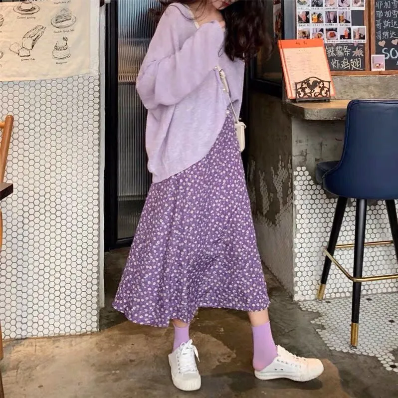 Flowers Pattern A-Line Chiffon Purple Skirts