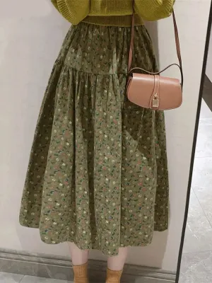 Flowers Pattern Green Midi Long Skirts