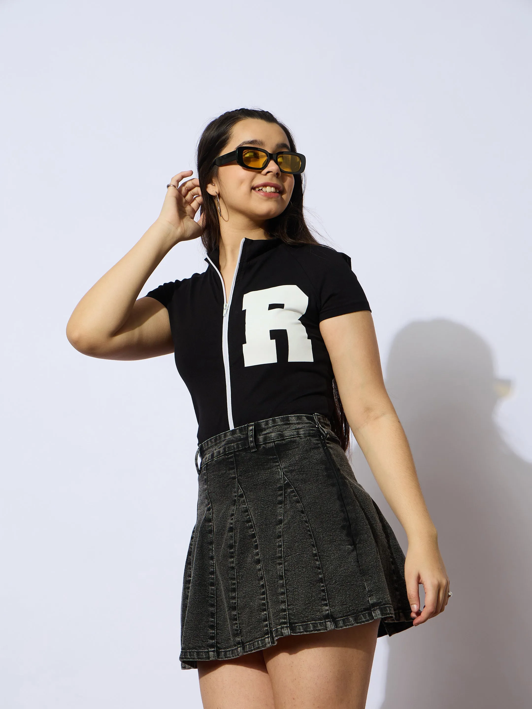 Girls Black Blast Denim Flared Mini Skirt