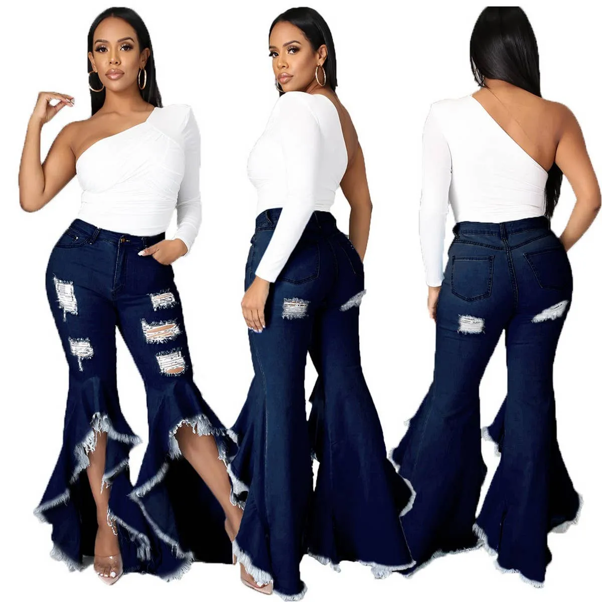 HOLE WASHED DENIM BELL BOTTOMS WIDE LEG PANTS_CWJP0086