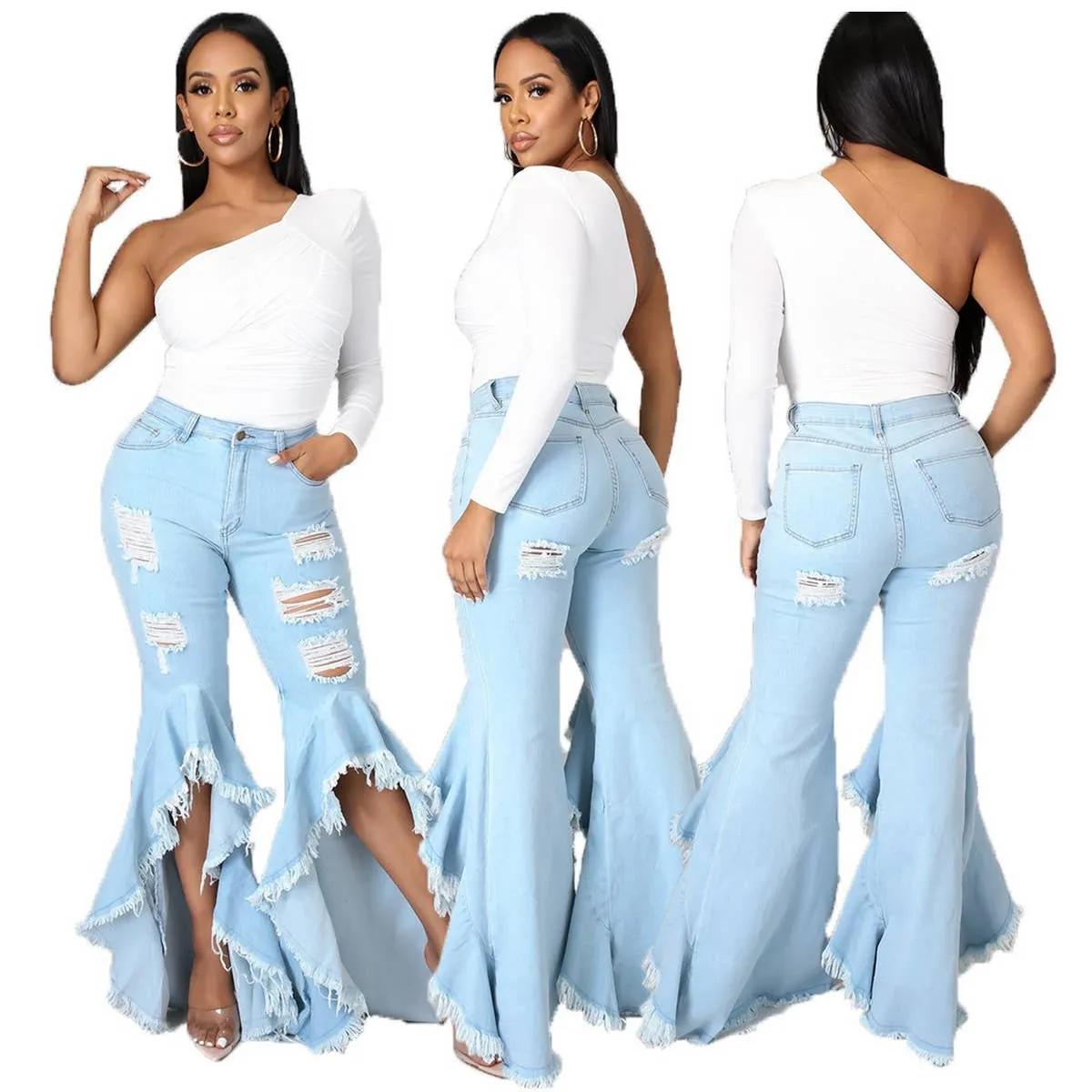 HOLE WASHED DENIM BELL BOTTOMS WIDE LEG PANTS_CWJP0086
