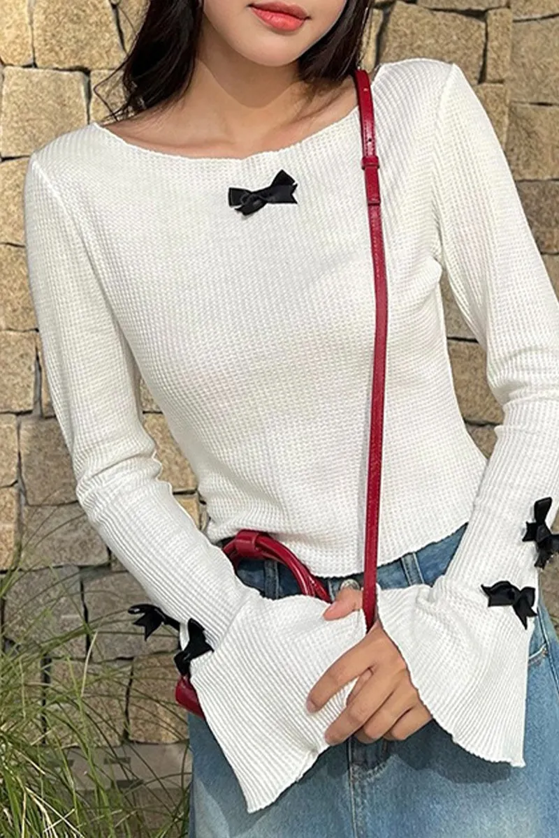 HTR1033 Bow Accent Flared Sleeve Top