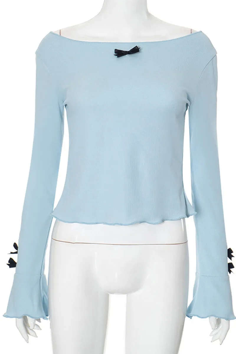 HTR1033 Bow Accent Flared Sleeve Top