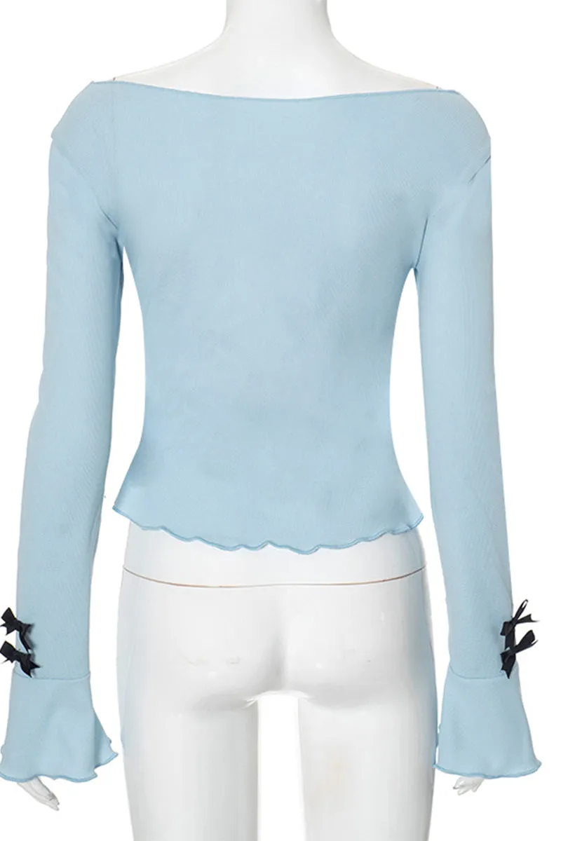 HTR1033 Bow Accent Flared Sleeve Top