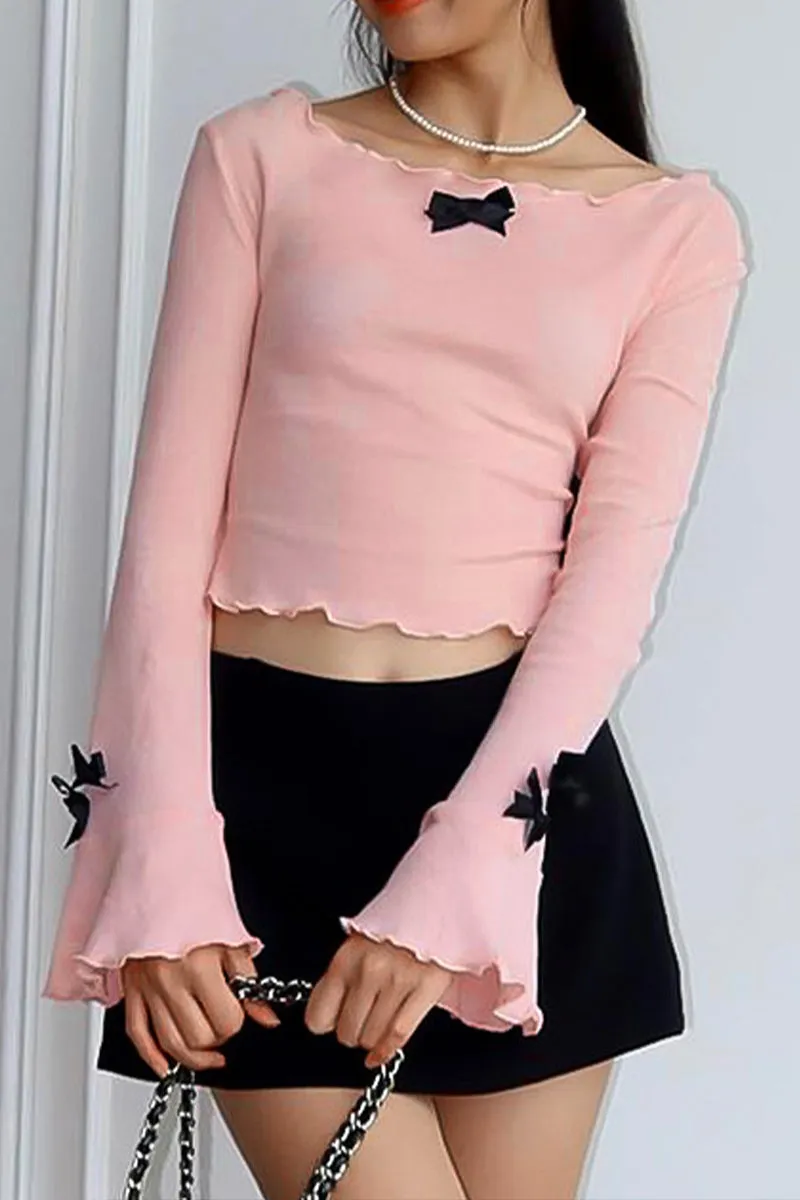 HTR1033 Bow Accent Flared Sleeve Top