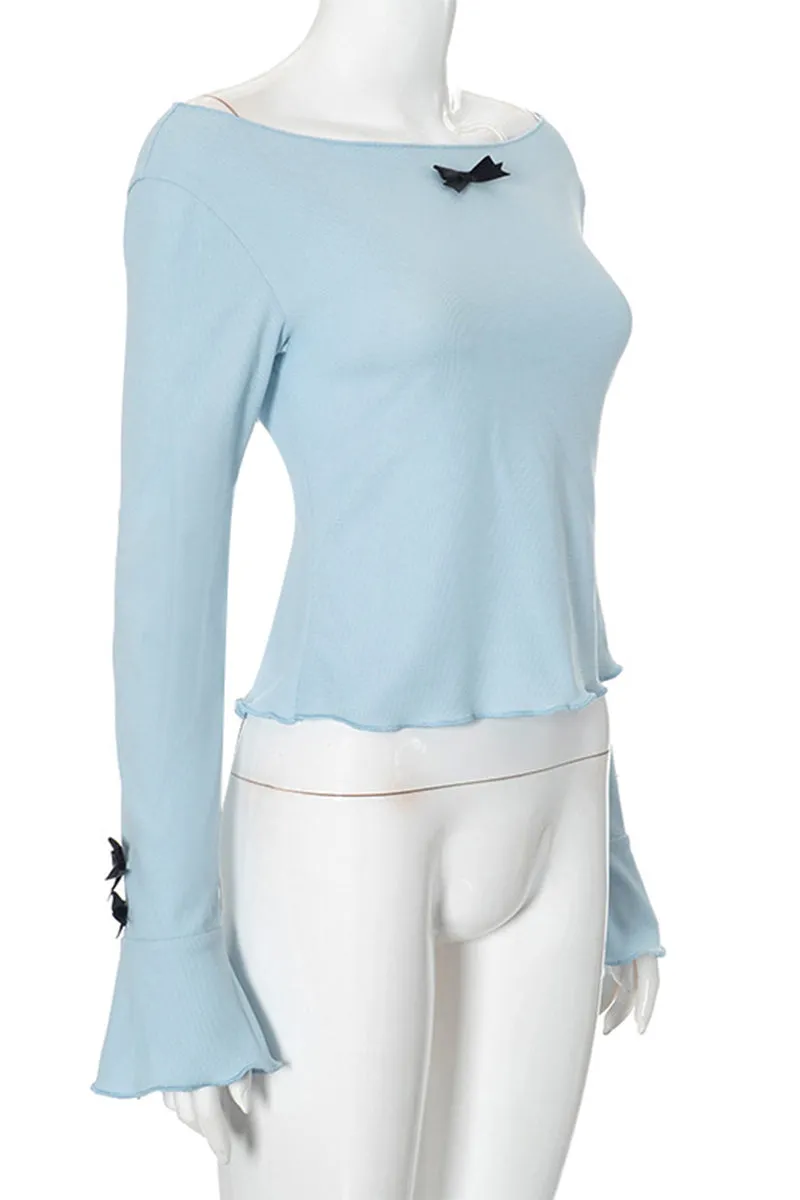 HTR1033 Bow Accent Flared Sleeve Top