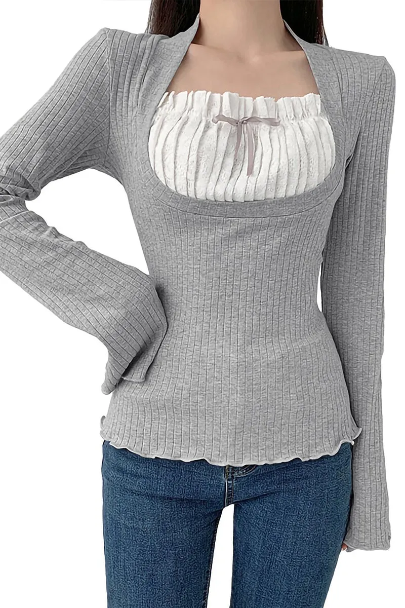 HTR1215 Ruffled Ribbed Knit Top