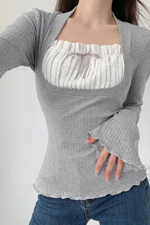 HTR1215 Ruffled Ribbed Knit Top