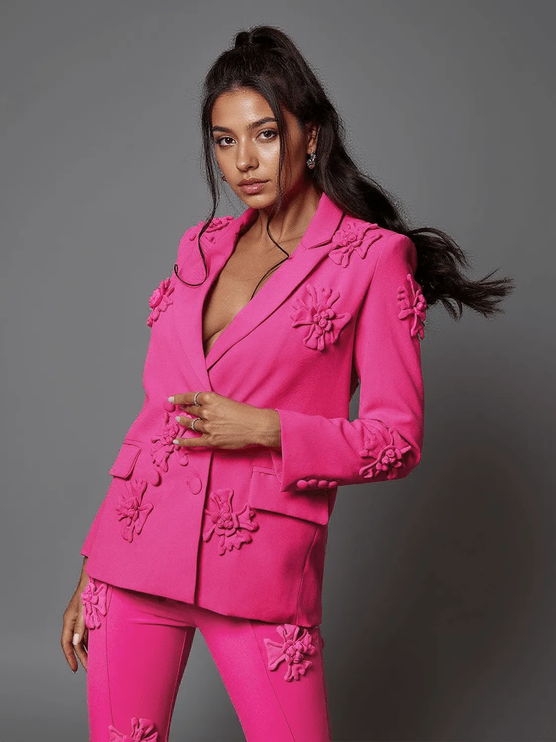 Indiana Floral Embellished Blazer Set In Hot Pink