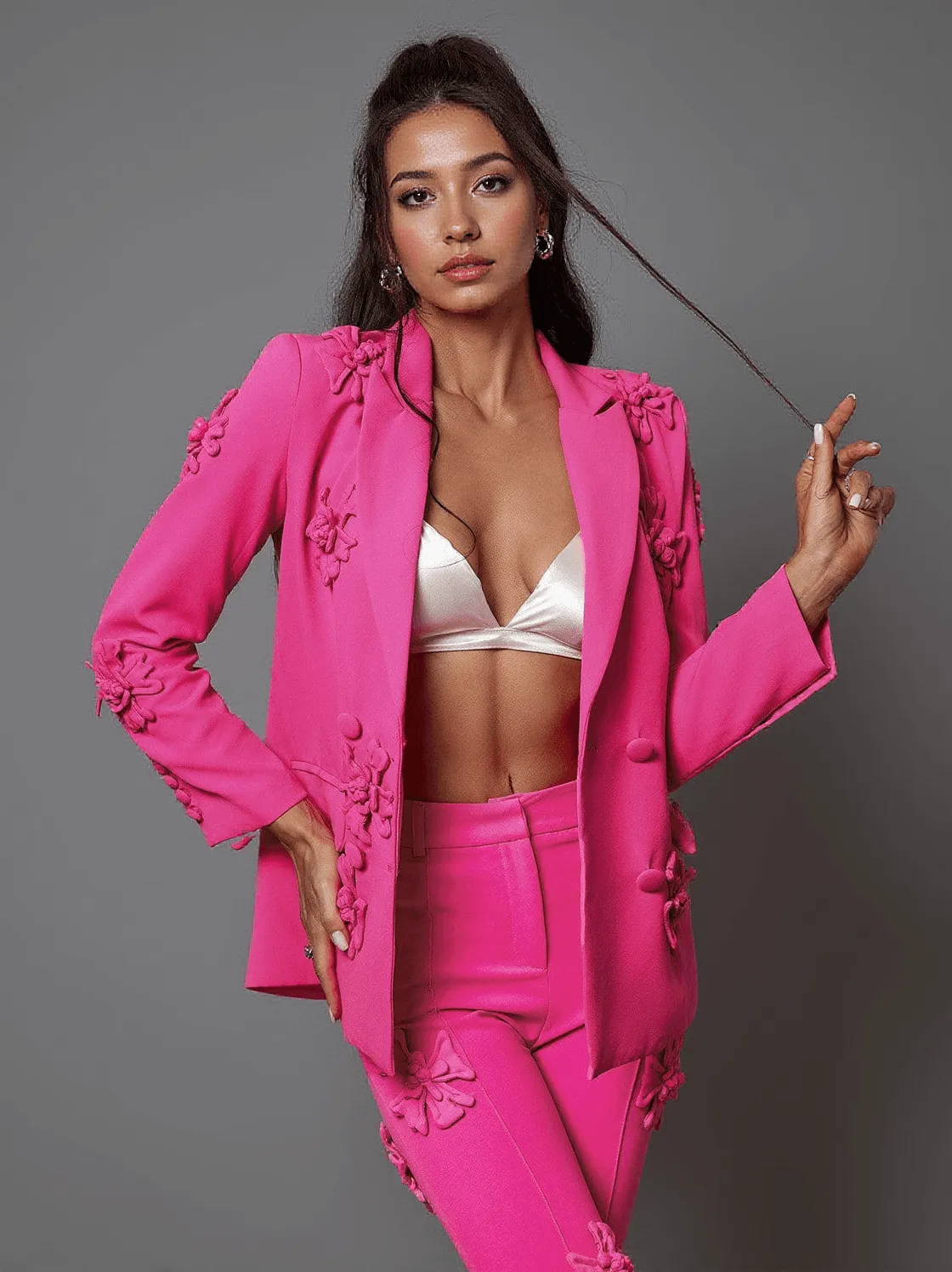 Indiana Floral Embellished Blazer Set In Hot Pink