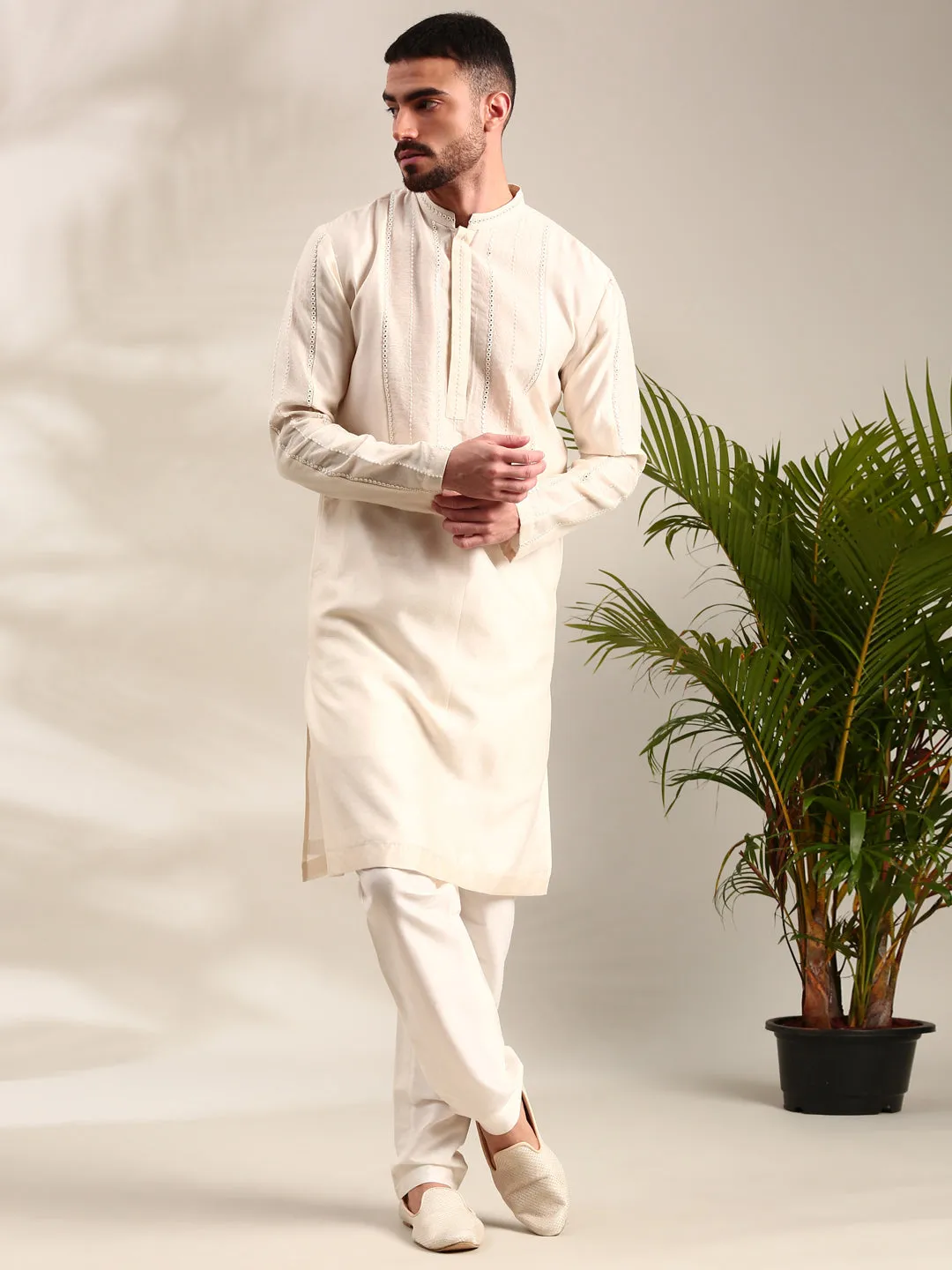 Ivory Embroidered Chanderi Kurta Set