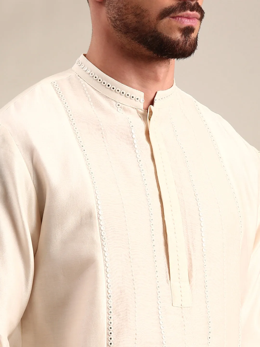 Ivory Embroidered Chanderi Kurta Set