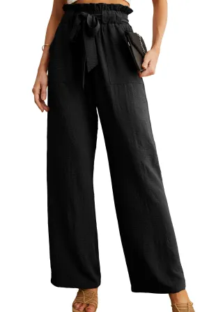 IWOLLENCE Women's Wide Leg Pants with Pockets High Waist Adjustable Knot Loose Casual Trousers Business Work Casual Pants Black