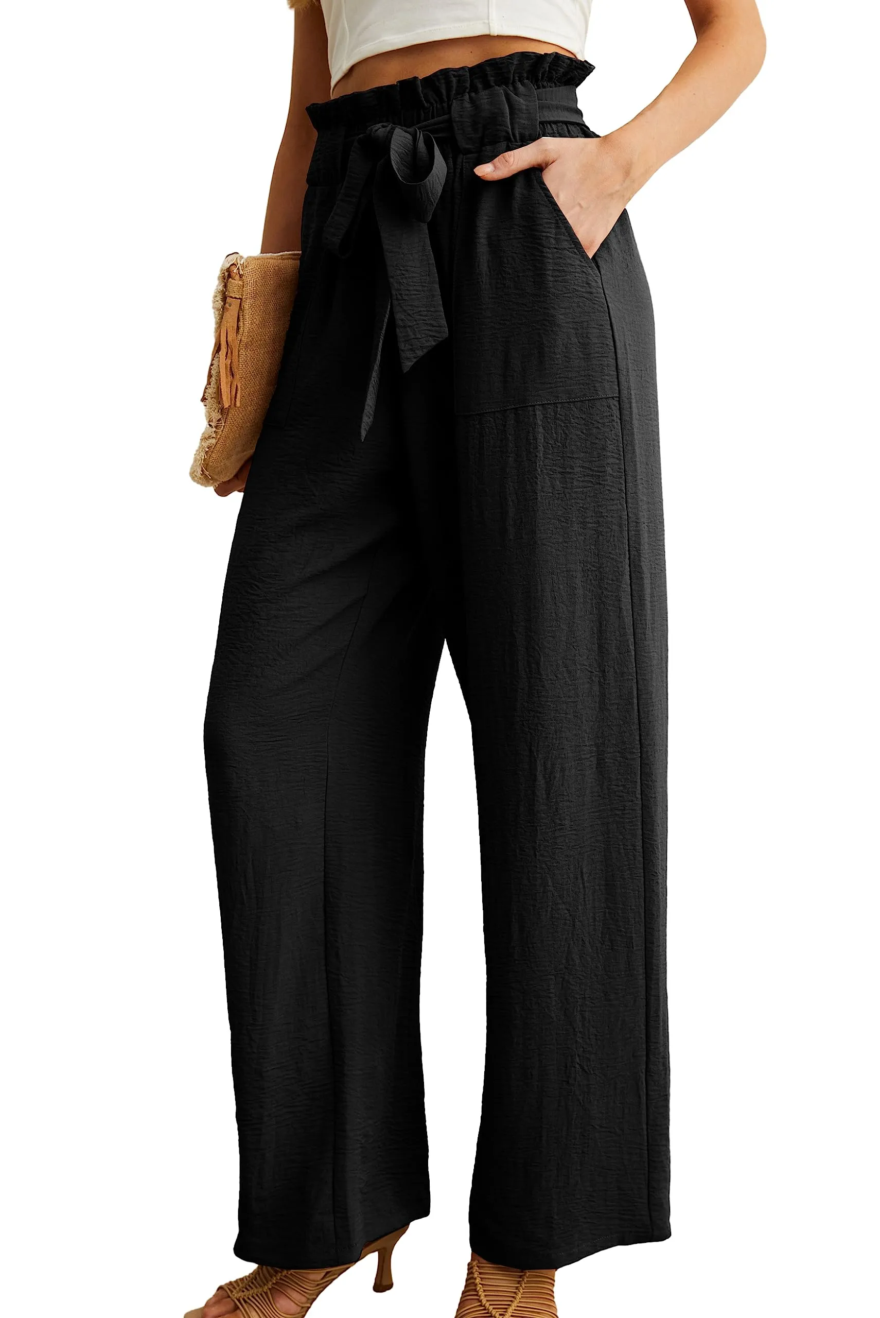IWOLLENCE Women's Wide Leg Pants with Pockets High Waist Adjustable Knot Loose Casual Trousers Business Work Casual Pants Black