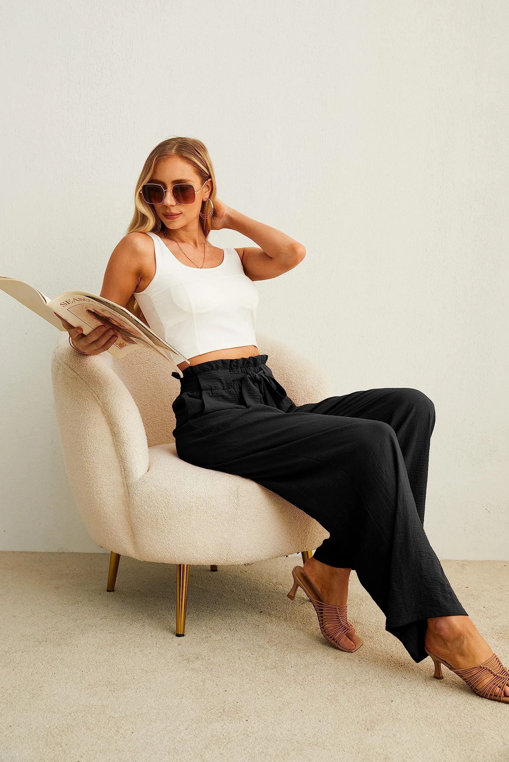 IWOLLENCE Women's Wide Leg Pants with Pockets High Waist Adjustable Knot Loose Casual Trousers Business Work Casual Pants Black