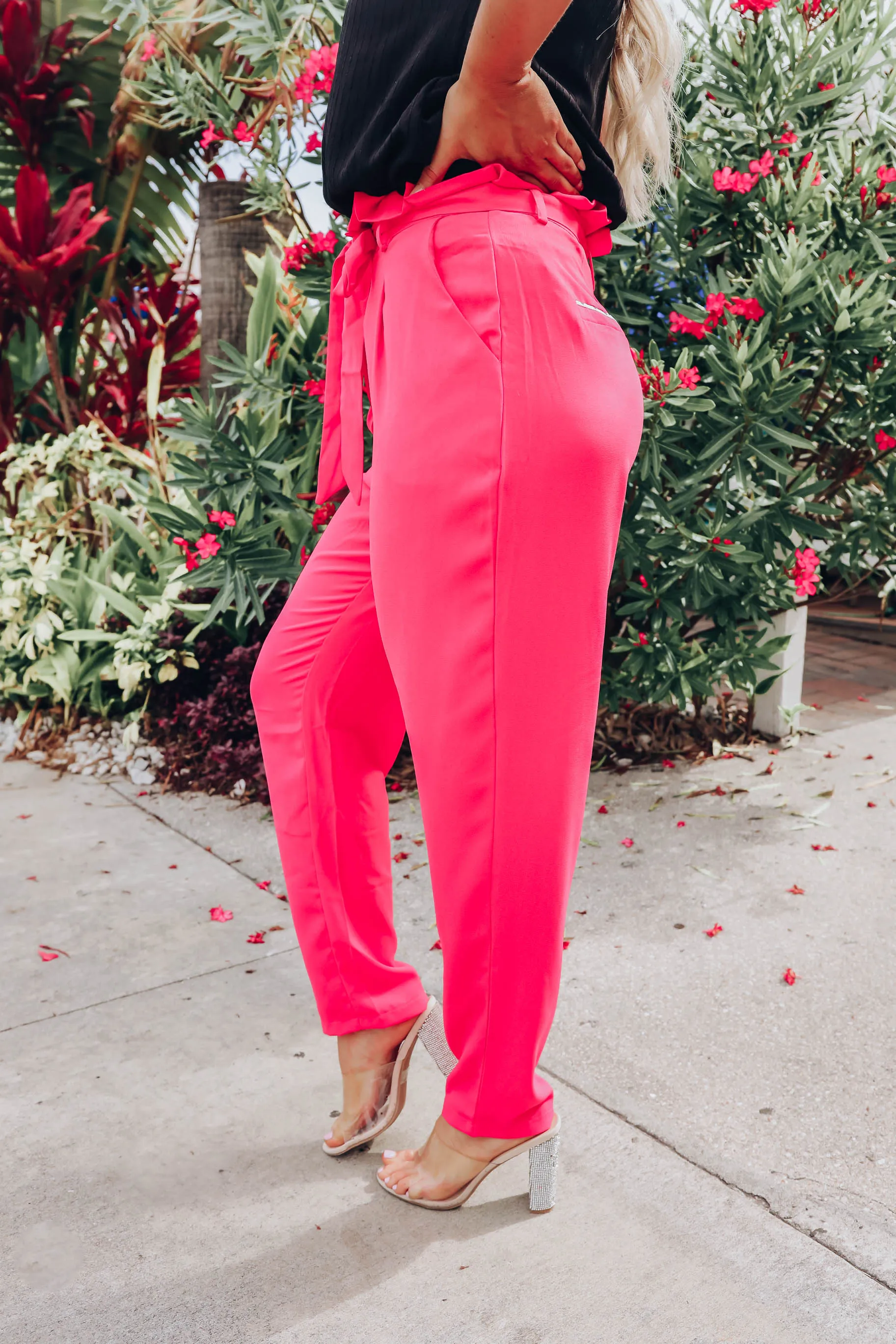 Jaclynn Ruffle Waist Pants - Hot Pink