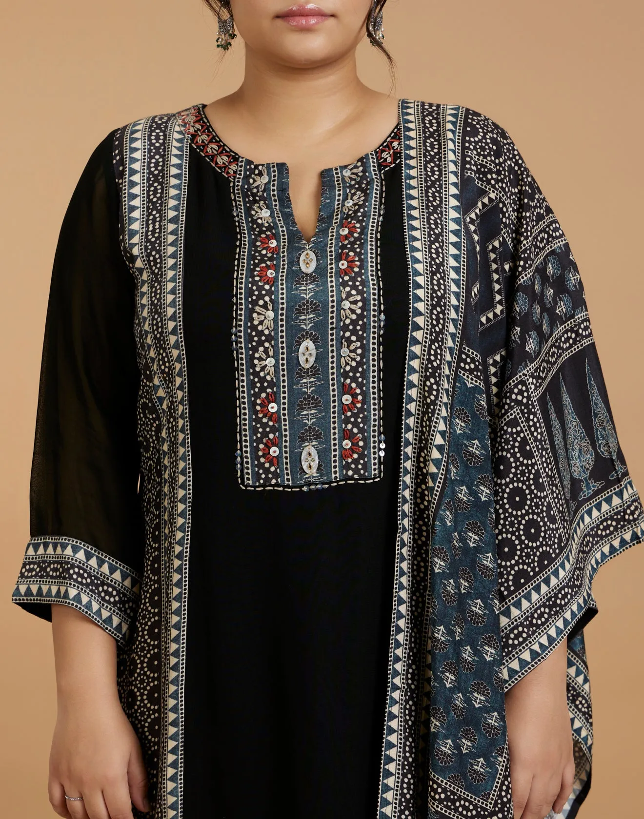 Jet Black With Turquoise Touch Printed Kurta Set