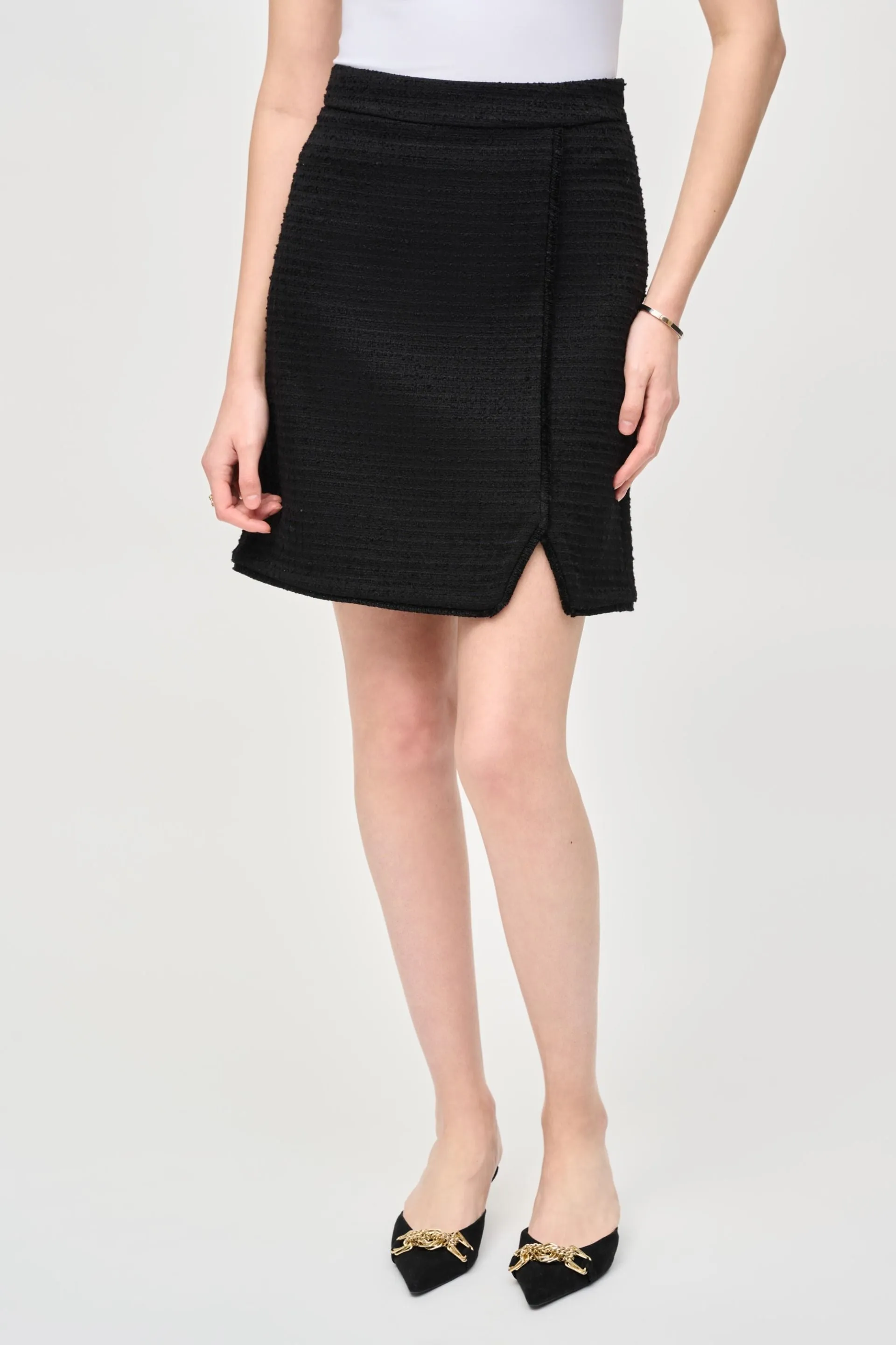Joseph Ribkoff Black Fringe Trim Bouclé High Rise A-Line Skirt 243270