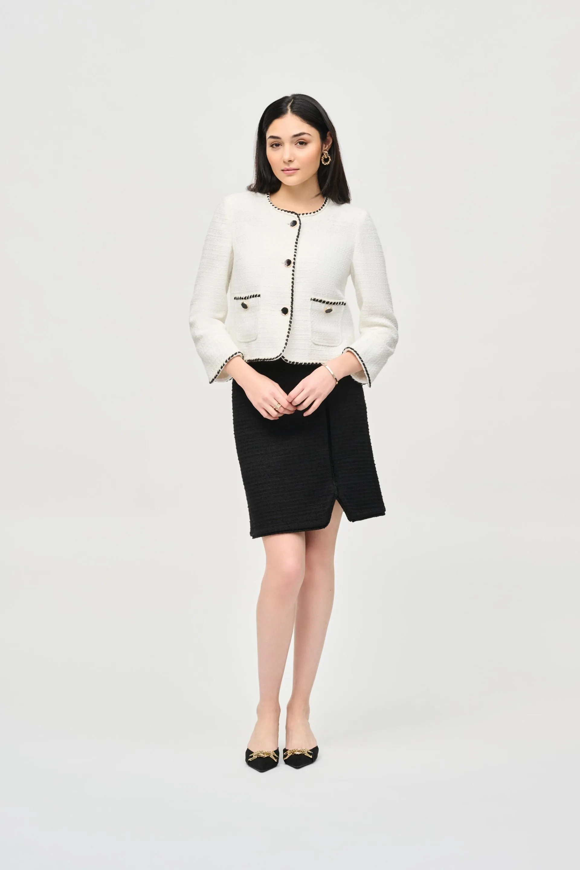 Joseph Ribkoff Black Fringe Trim Bouclé High Rise A-Line Skirt 243270
