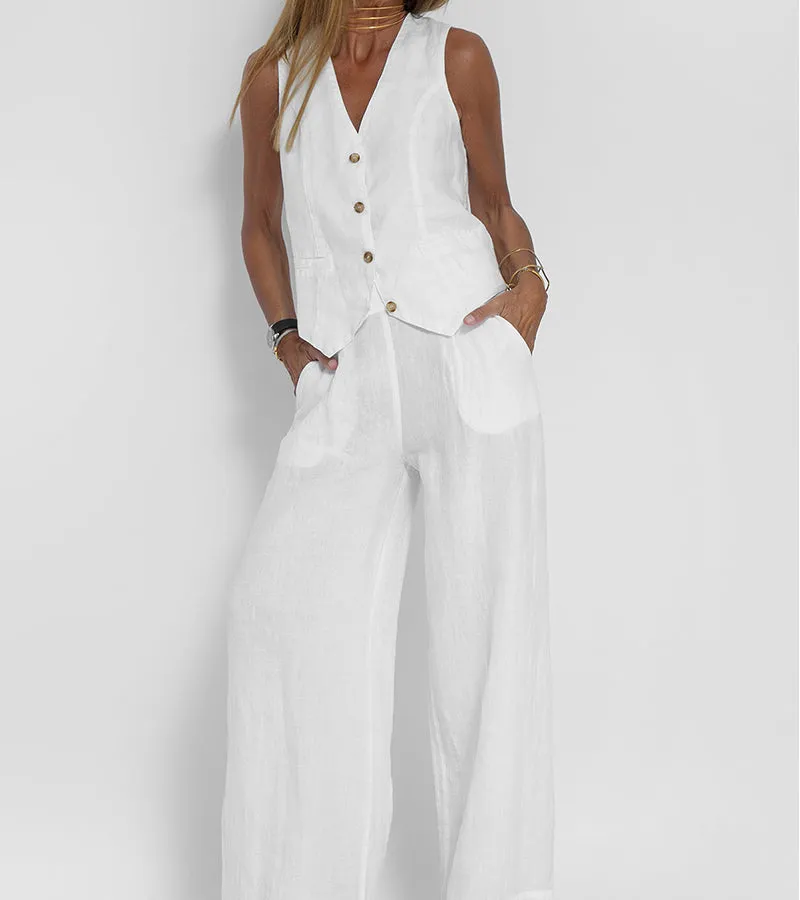 Lauren - Buttoned Vest & Wide-Leg Trousers Set