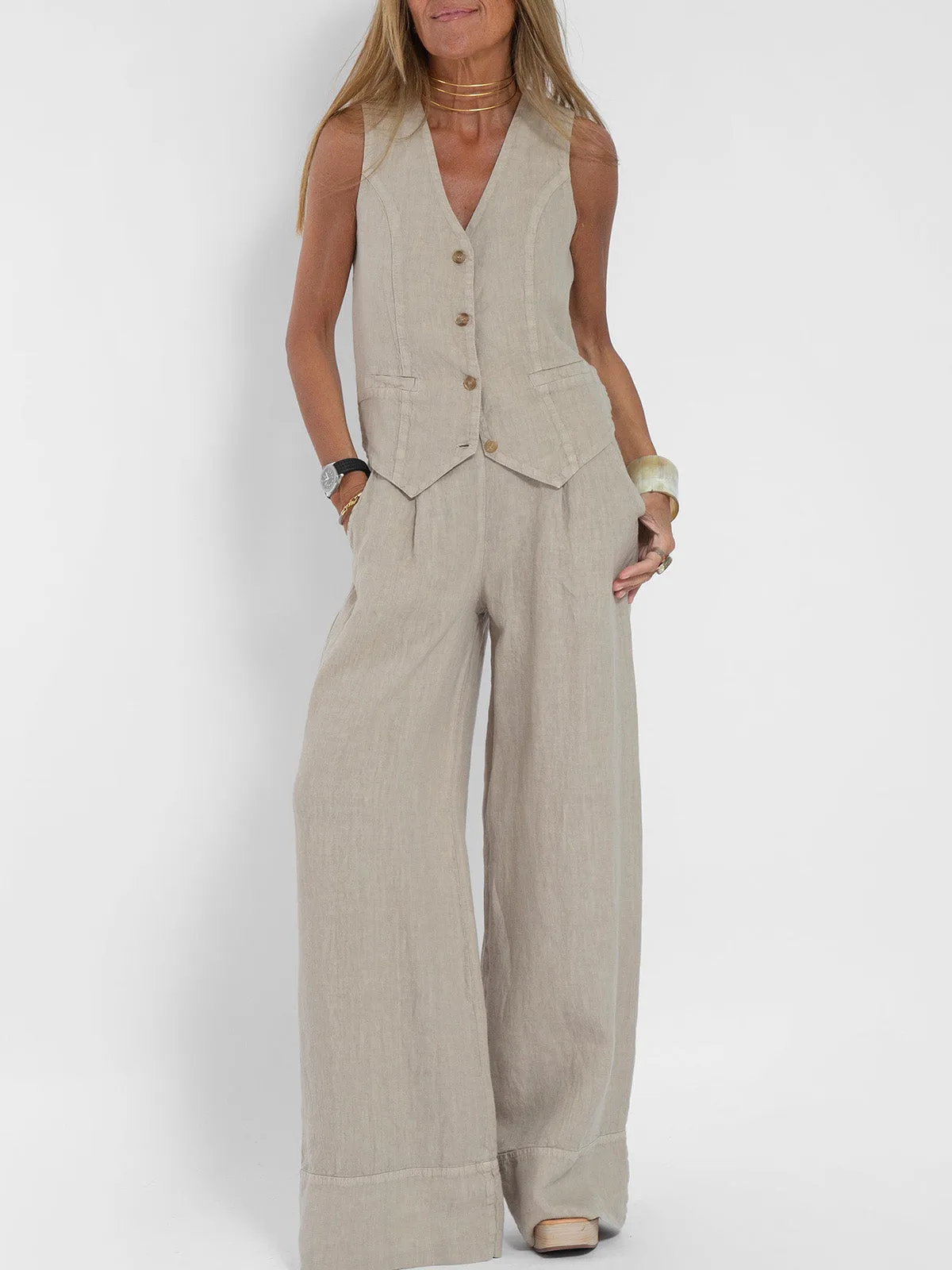 Lauren - Buttoned Vest & Wide-Leg Trousers Set