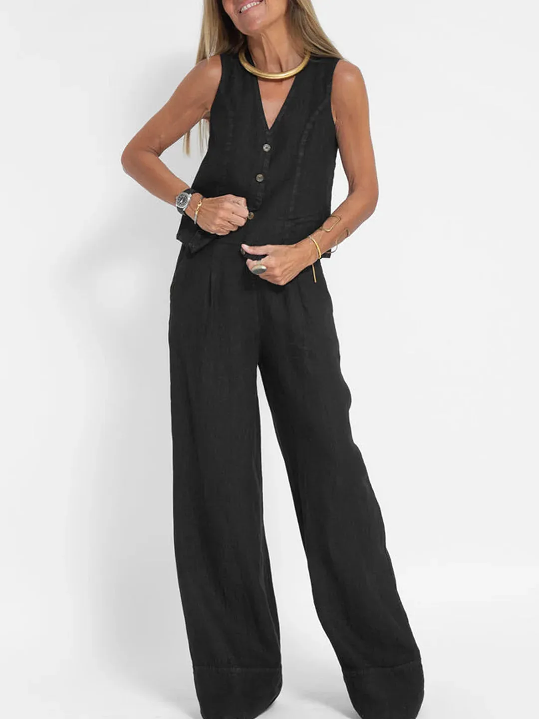 Lauren - Buttoned Vest & Wide-Leg Trousers Set