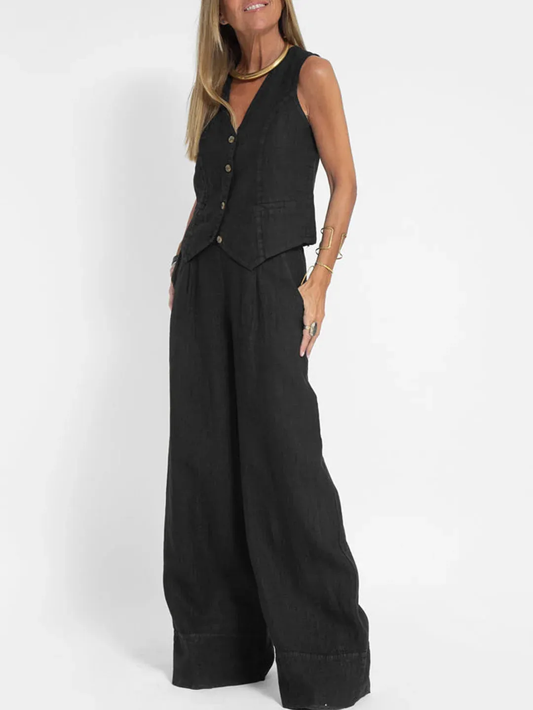 Lauren - Buttoned Vest & Wide-Leg Trousers Set