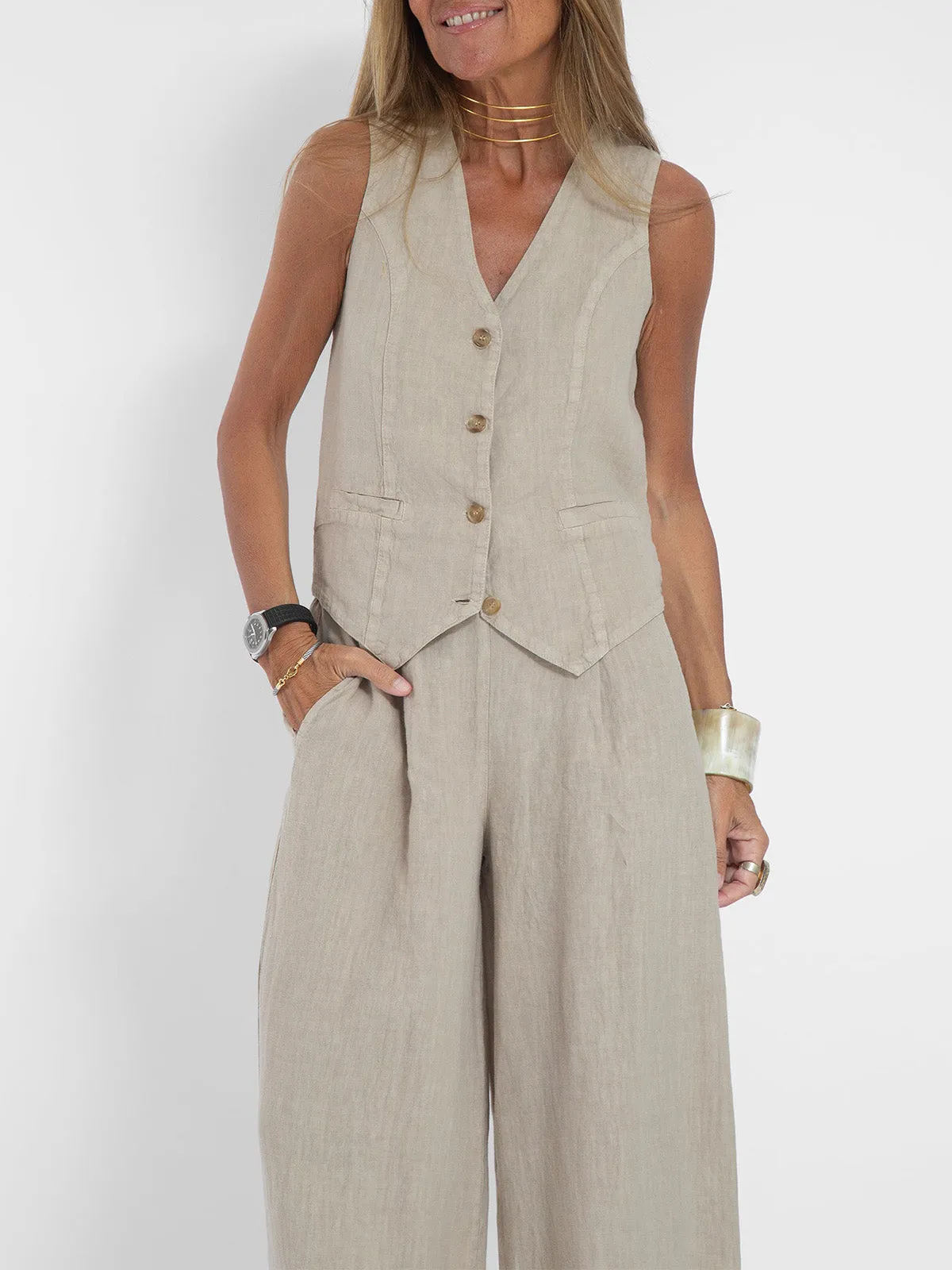 Lauren - Buttoned Vest & Wide-Leg Trousers Set