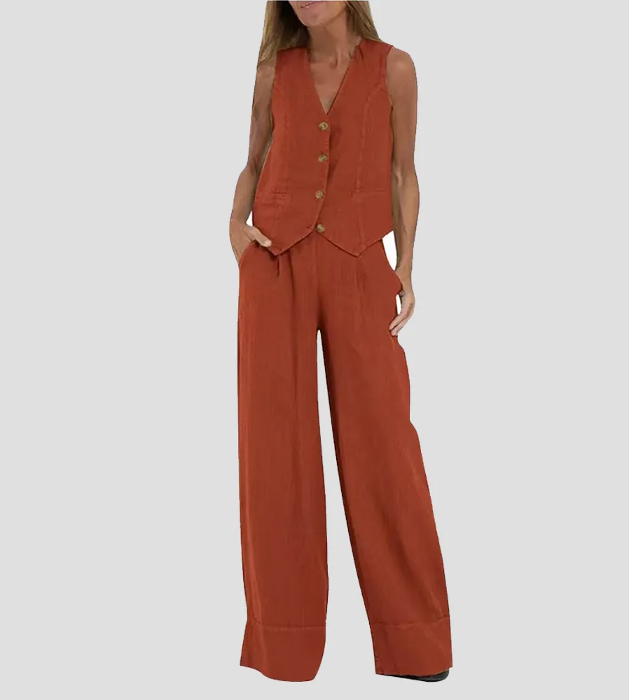 Lauren - Buttoned Vest & Wide-Leg Trousers Set