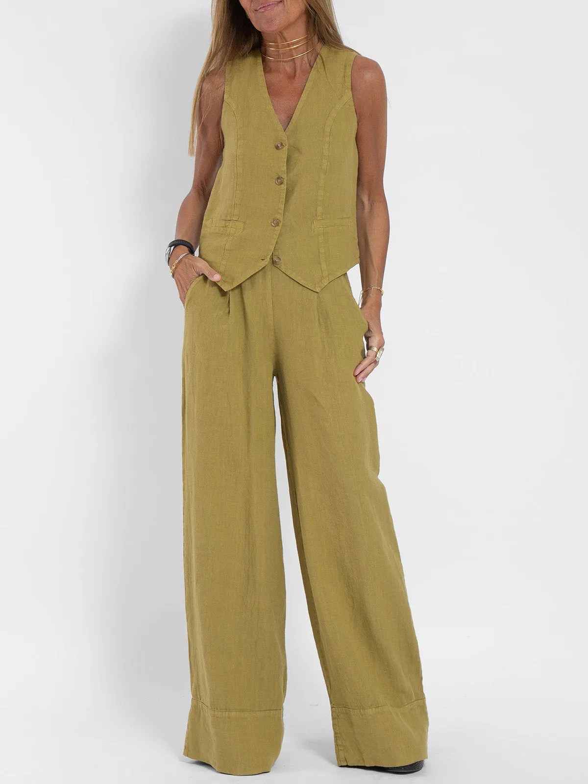 Lauren - Buttoned Vest & Wide-Leg Trousers Set