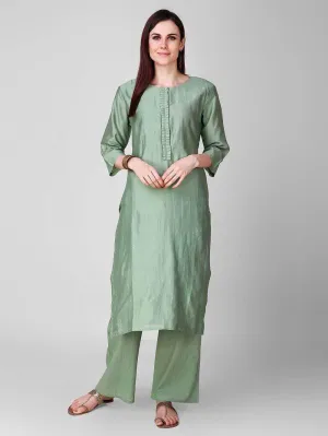 Lemon Tart Women's LTS108 Neck Stitch Detail Blended Silk Kurta and Pants Set - Green