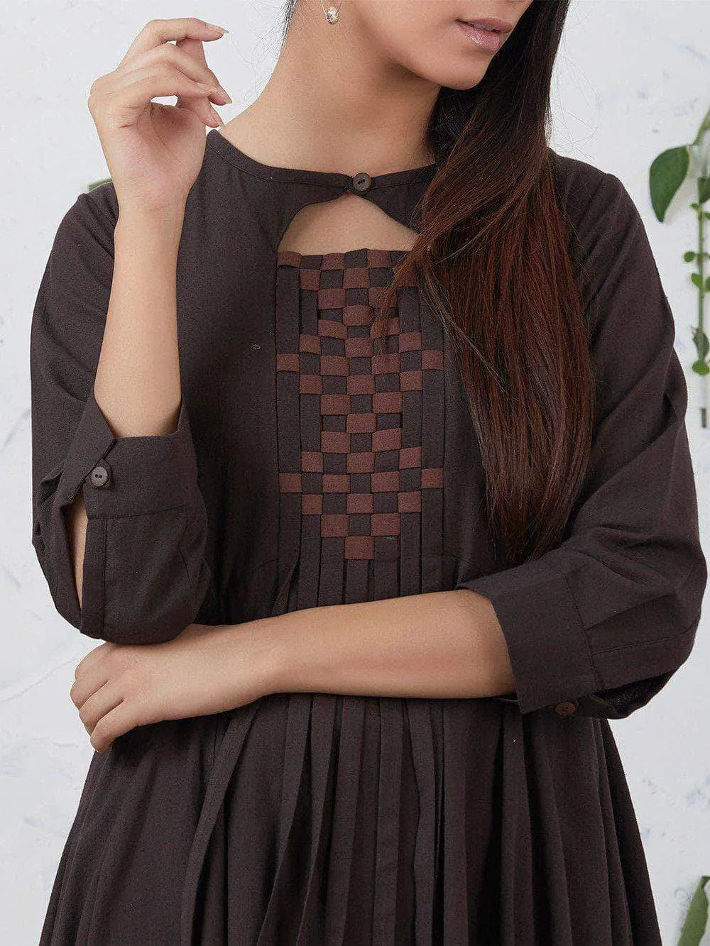 Lemon Tart Women's LTS123 Neck Stitch Detail Cotton Kurta and Pants Set - Brown