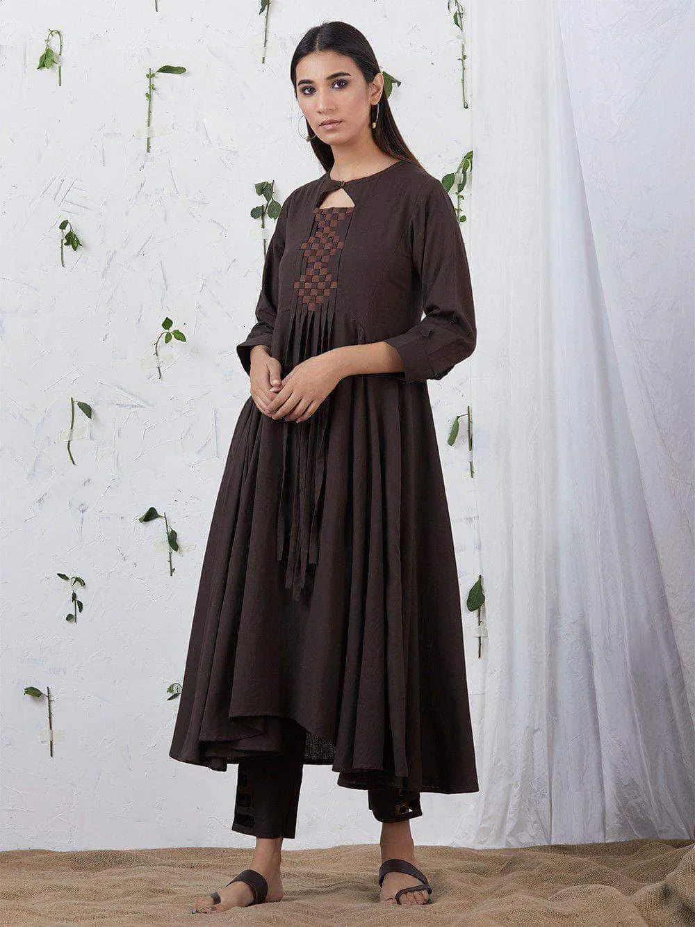 Lemon Tart Women's LTS123 Neck Stitch Detail Cotton Kurta and Pants Set - Brown