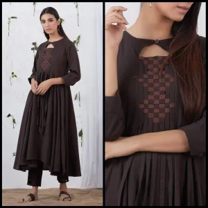 Lemon Tart Women's LTS123 Neck Stitch Detail Cotton Kurta and Pants Set - Brown