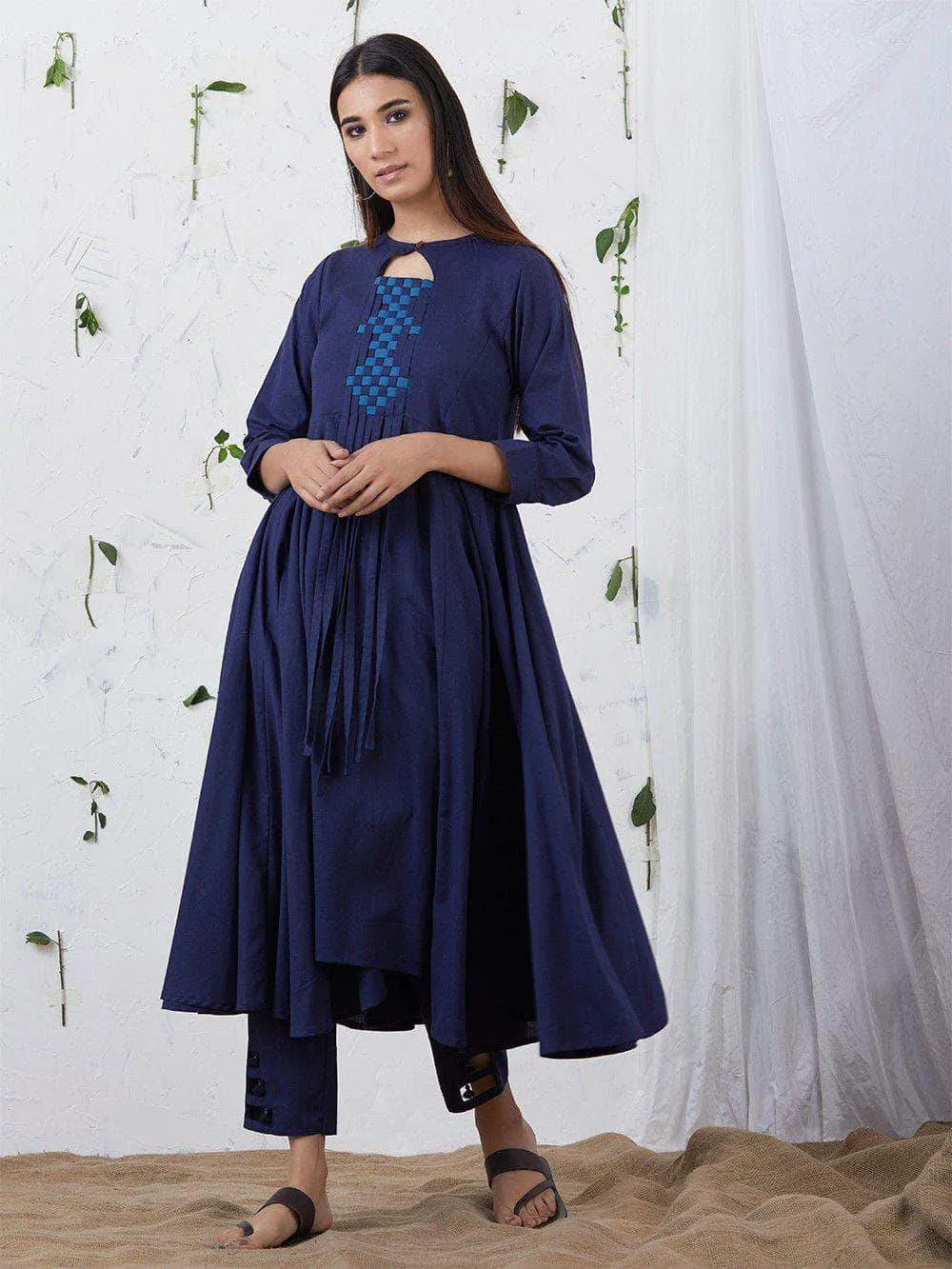 Lemon Tart Women's LTS123 Neck Stitch Detail Cotton Kurta and Pants Set - Navy Blue