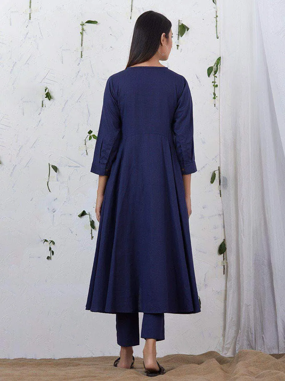 Lemon Tart Women's LTS123 Neck Stitch Detail Cotton Kurta and Pants Set - Navy Blue