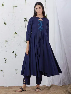 Lemon Tart Women's LTS123 Neck Stitch Detail Cotton Kurta and Pants Set - Navy Blue