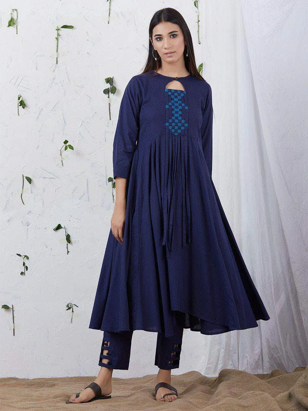 Lemon Tart Women's LTS123 Neck Stitch Detail Cotton Kurta and Pants Set - Navy Blue