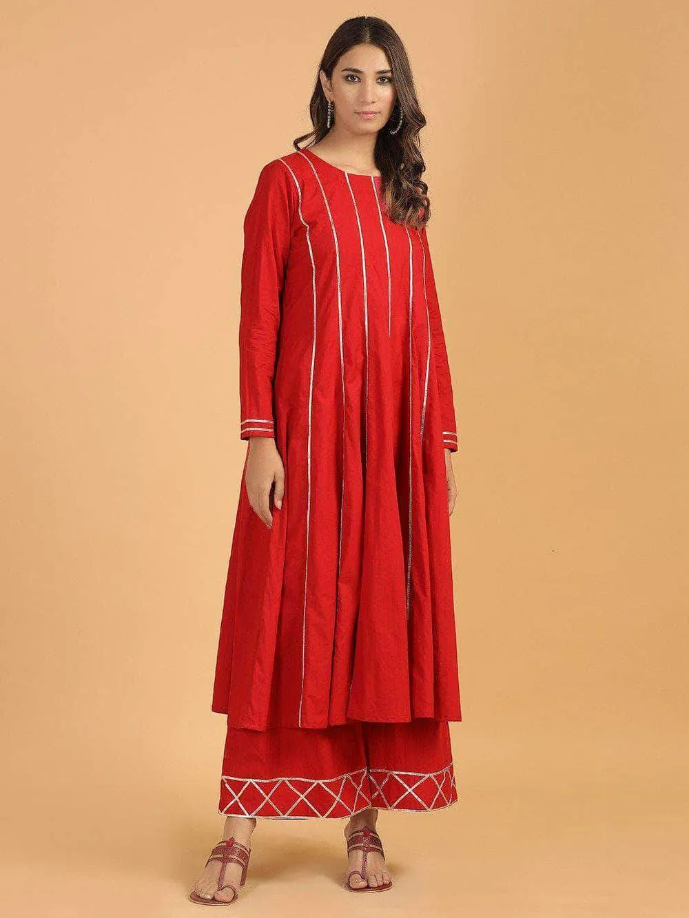 Lemon Tart Women's LTS235 Lace Detail Kurti and Pants Set - Red