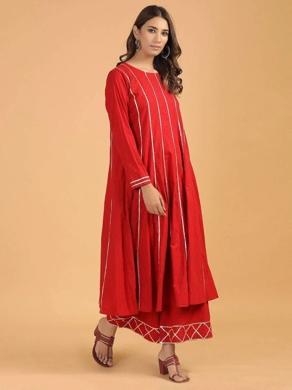 Lemon Tart Women's LTS235 Lace Detail Kurti and Pants Set - Red