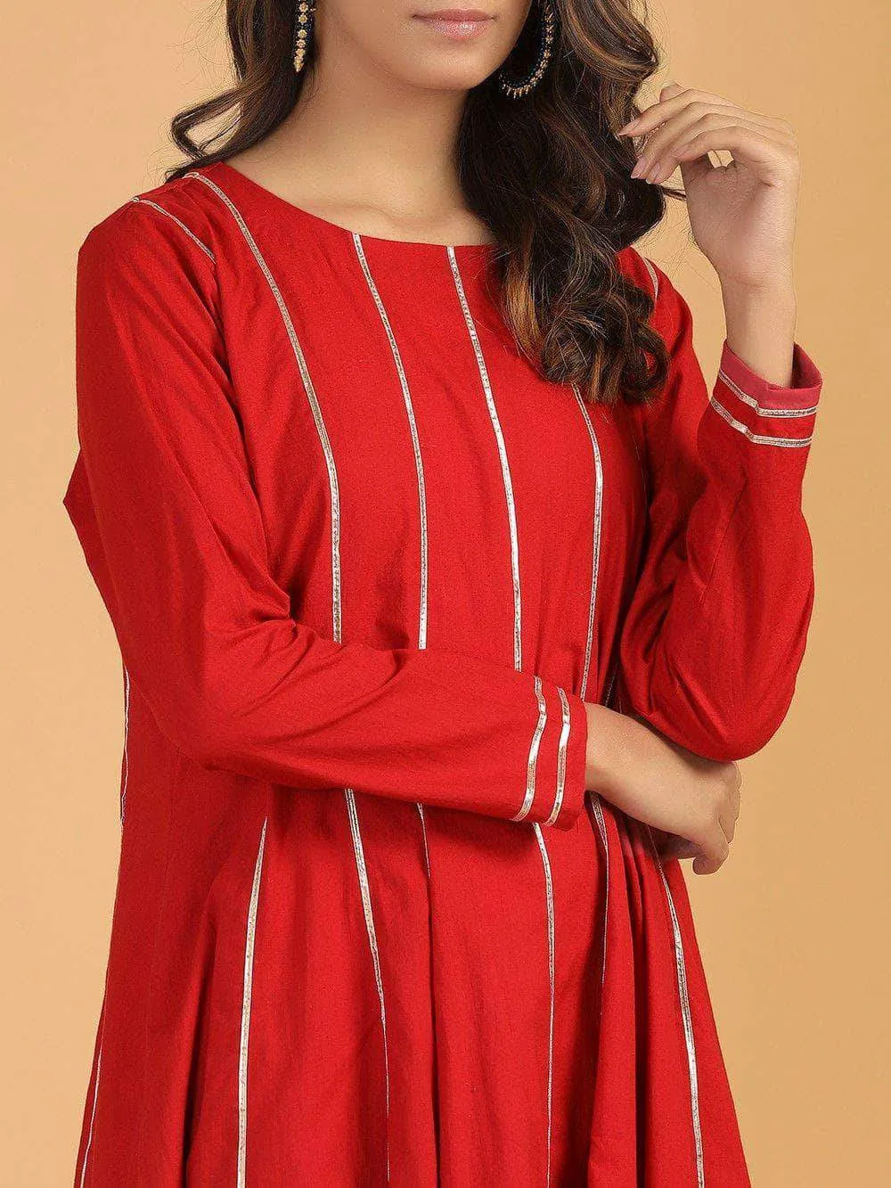 Lemon Tart Women's LTS235 Lace Detail Kurti and Pants Set - Red