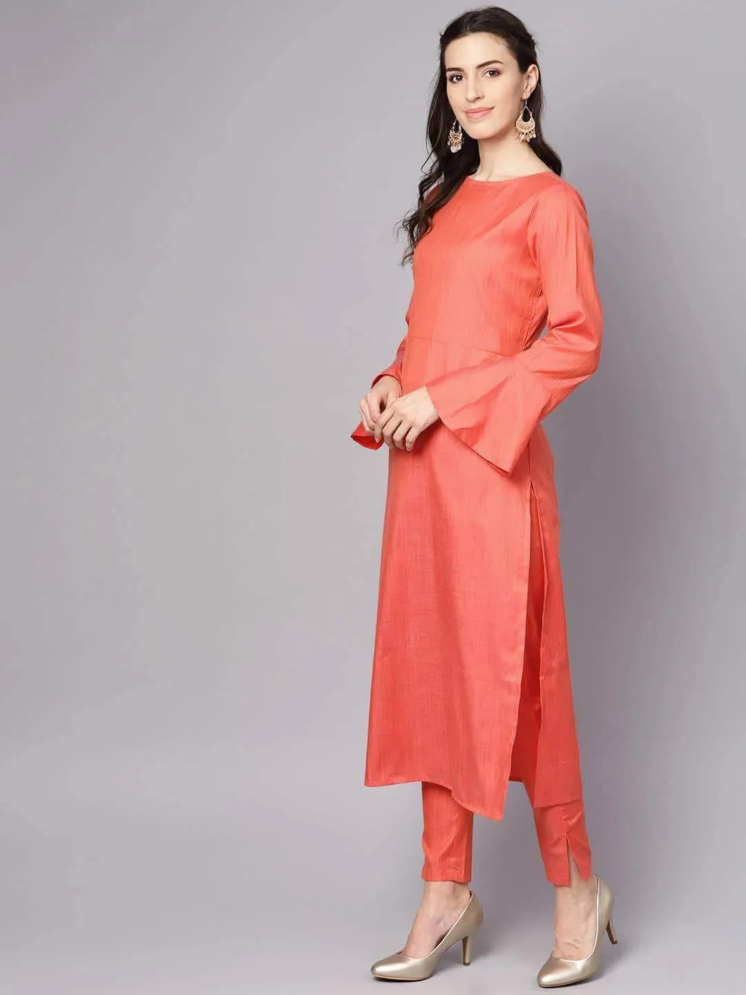 Lemon Tart Women's LTS26 Fluted Sleeve Kurti and Pants Set - Orange