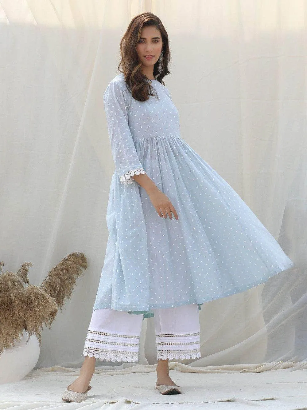 Lemon Tart Women's LTS399 Polka Dot Print and Lace Detail Stitched Kurti and Pants Set - Blue
