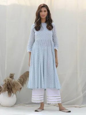 Lemon Tart Women's LTS399 Polka Dot Print and Lace Detail Stitched Kurti and Pants Set - Blue
