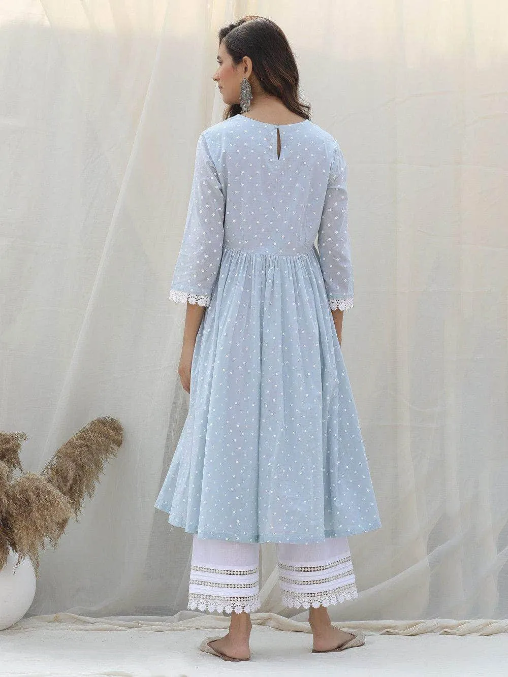 Lemon Tart Women's LTS399 Polka Dot Print and Lace Detail Stitched Kurti and Pants Set - Blue