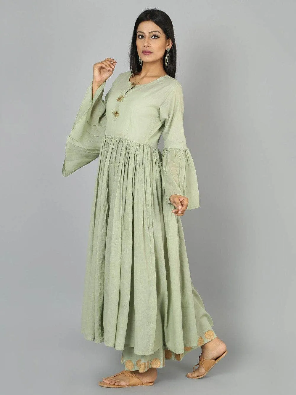 Lemon Tart Women's LTS434 Gold Foil Print Detail Stitched Kurti and Pants Set - PG