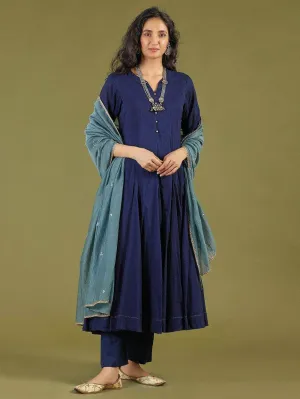 Lemon Tart Women's LTS436 Embroidery Detail Kurti and Pants Set - Navy Blue