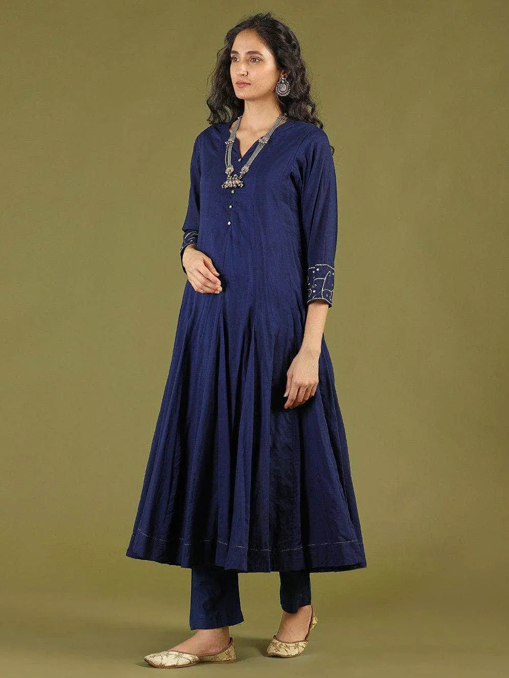 Lemon Tart Women's LTS436 Embroidery Detail Kurti and Pants Set - Navy Blue