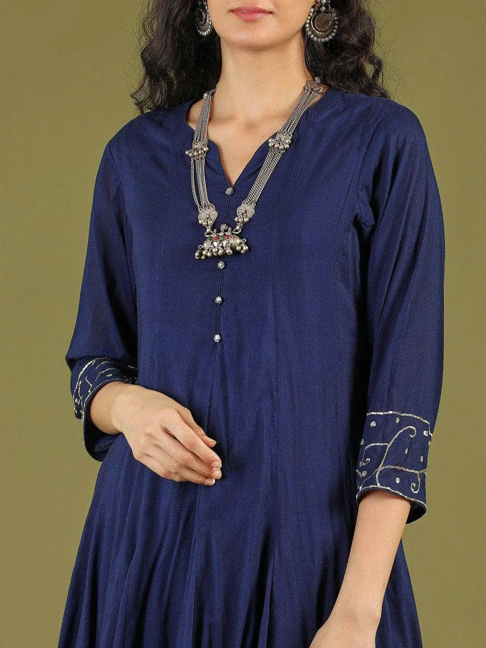 Lemon Tart Women's LTS436 Embroidery Detail Kurti and Pants Set - Navy Blue